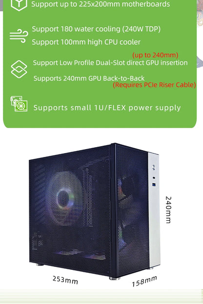 METALFISH T20 Mini ITX White Case 9L Compact PC Chassis Support Flex PSU/240mm GPU/100mm Cooler/180 Liquid Cooler