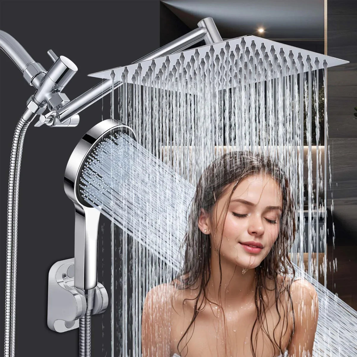 Stainless Steel 8/10 Inch Overhead Showerhead 5 Modes With Extension Arm Multi-function Hand Shower Wall Mounted Showerhead Set