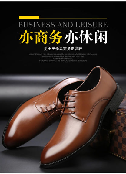 Mens Breathable Leather Dress Shoes Formal Business Footwear Pointed Toe Lace Up Flat Sole Groom Wedding Shoes Simple Leisure