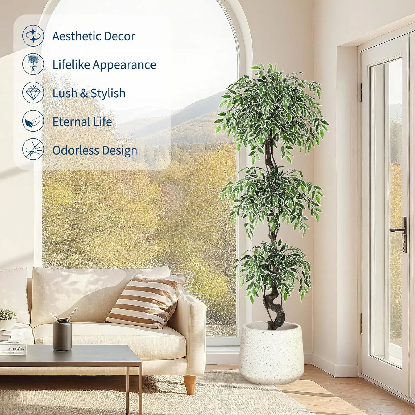 Artificial Ficus Tree Indoor Outdoor Fake Ficus Tree with Pebbles & Green Fake Moss, Pot Faux Tree for Office Home Decor