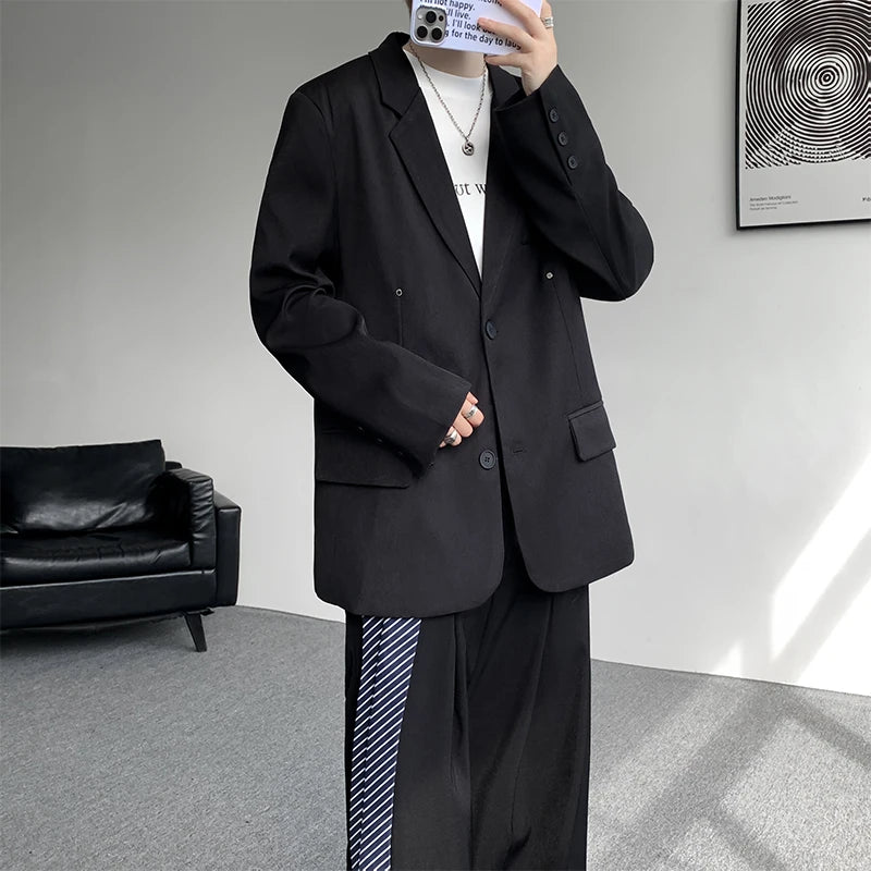Casual suit set Men Loose fitting 2 piece suit Shoulder pads Trend Streetwear Korean 2025 NEW suit jacker+suit pants
