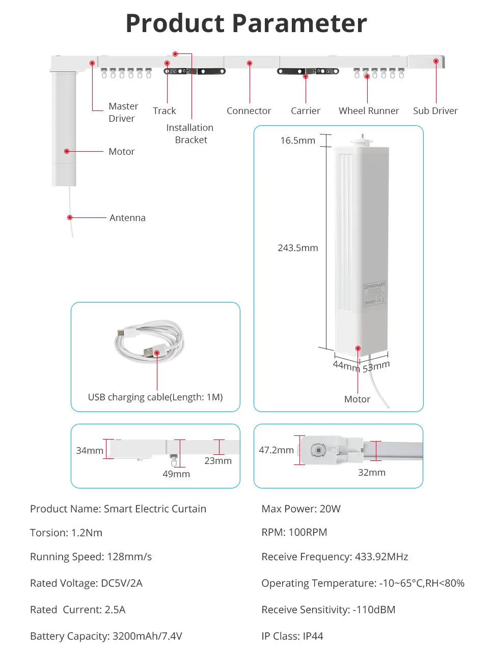 Zemismart Zigbee Rechargeable Electric Curtain Motor with Customized Slide Curtain Track Works with Tuya Alexa Google Home