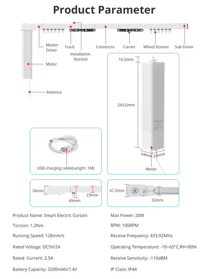 Zemismart Zigbee Rechargeable Electric Curtain Motor with Customized Slide Curtain Track Works with Tuya Alexa Google Home