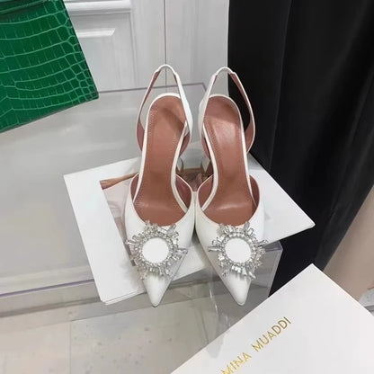 2025 European and American Women's New Silk Sunflower Crystal Diamond Buckle High Heels Horseshoe Heel Women's Sandals