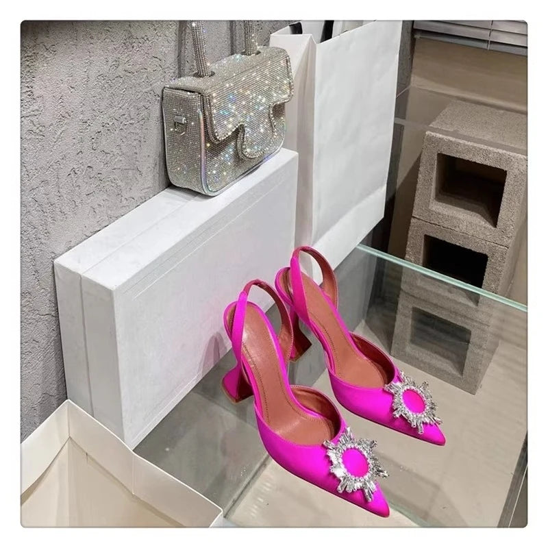 2025 European and American Women's New Silk Sunflower Crystal Diamond Buckle High Heels Horseshoe Heel Women's Sandals