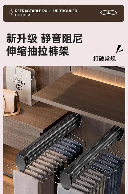 Multifunctional Wardrobe Trouser Hanger with Built-In Telescopic Pants Storage Pull-Out Clothes Rail Shelf Wardrobe Organizer