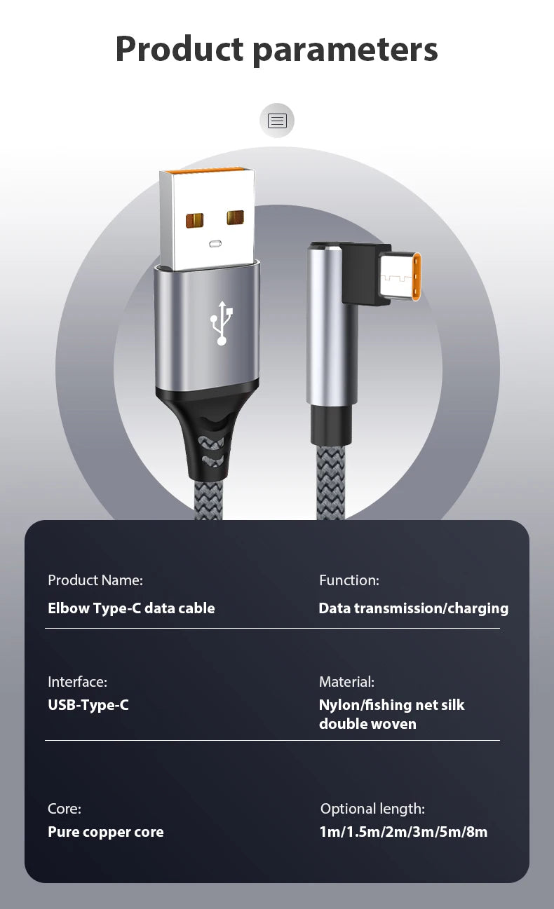 6A USB C Elbow Type C Fast Charge Cable 3m 5m Phone Extend Charging Cable for Samsung Huawei Xiaomi Oppo OnePlus VR Camera