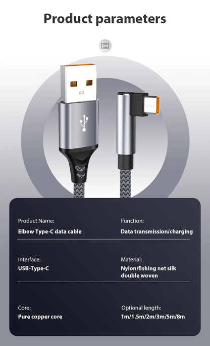 6A USB C Elbow Type C Fast Charge Cable 3m 5m Phone Extend Charging Cable for Samsung Huawei Xiaomi Oppo OnePlus VR Camera