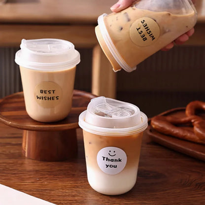 20pcs Disposable Plastic Coffee Cups with Lids, Warm Sticker Design for Coffee/Milk Tea, 12cm/4.72in