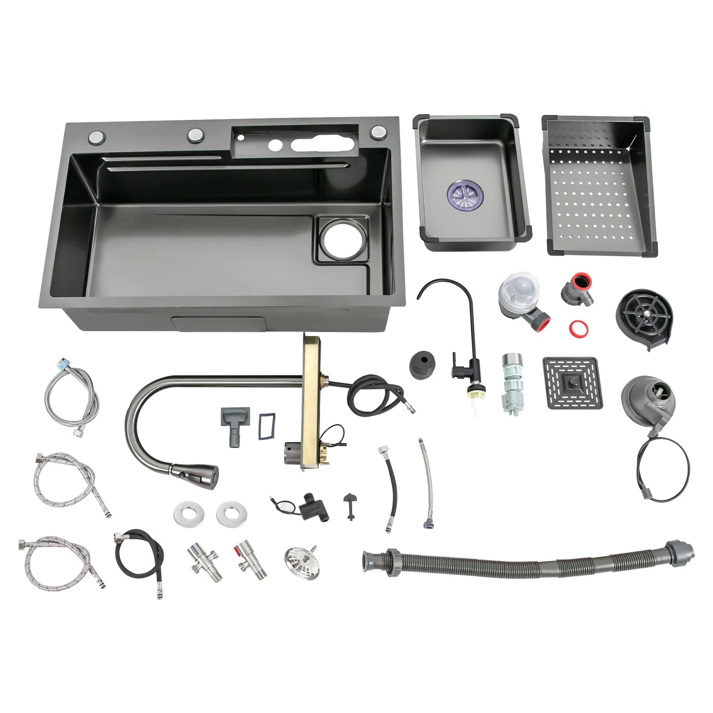 75*46CM Stainless Steel Waterfall Kitchen Sink with Pull Out Faucet,Soap Dispenser,Cup Washer