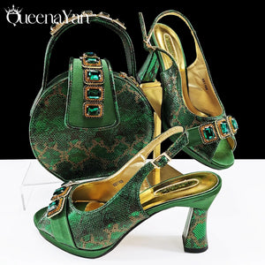 2025 Elegant Green Peep-Toe Women Heel Pumps for Italian Matching Party Shoes and Bags Set for Parties with Diamond Accents