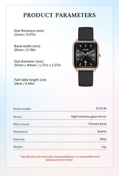 Sunkta Fashion Elegant Woman Watch Square Luxury Retro Silicone Belt Auto Date Casual Waterproof Luminous Quartz Watches for Men