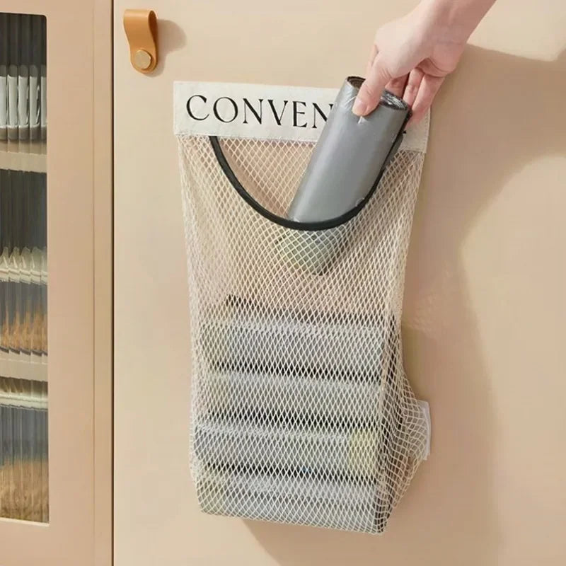 1/4PCS Wall Mount Mesh Storage Bag Garbage Holder Plastic Shopping Bags Dispenser Sundries Bag Net Storage Grocery Bag Organizer