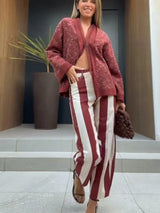 Striped Button-Front Curved-Leg Pants