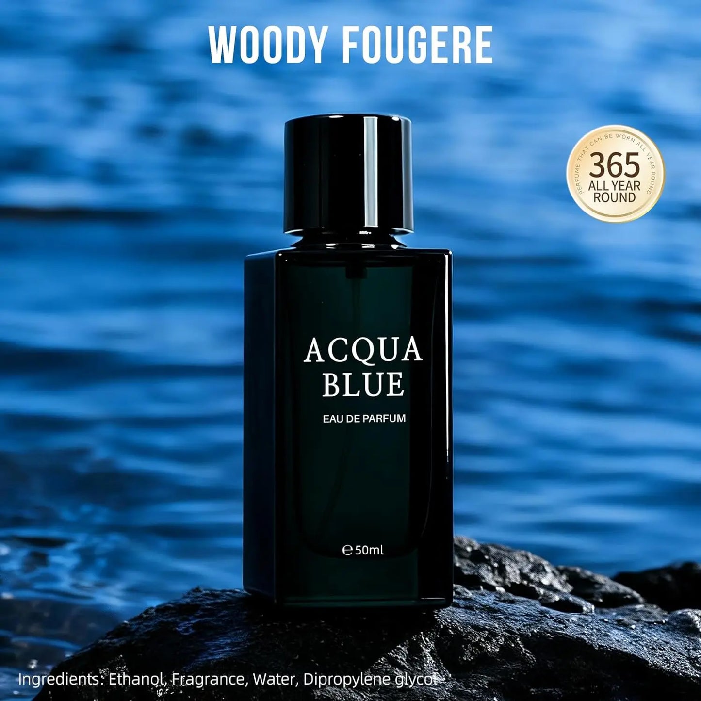 Acqua Blue Eau de Parfum for Men, 50ml Fresh Woody Fougere Cologne with Lemon, Mint & Pink Pepper Notes, Long-Lasting Clean Masculine Fragrance for Office, Daily Wear & Gifts