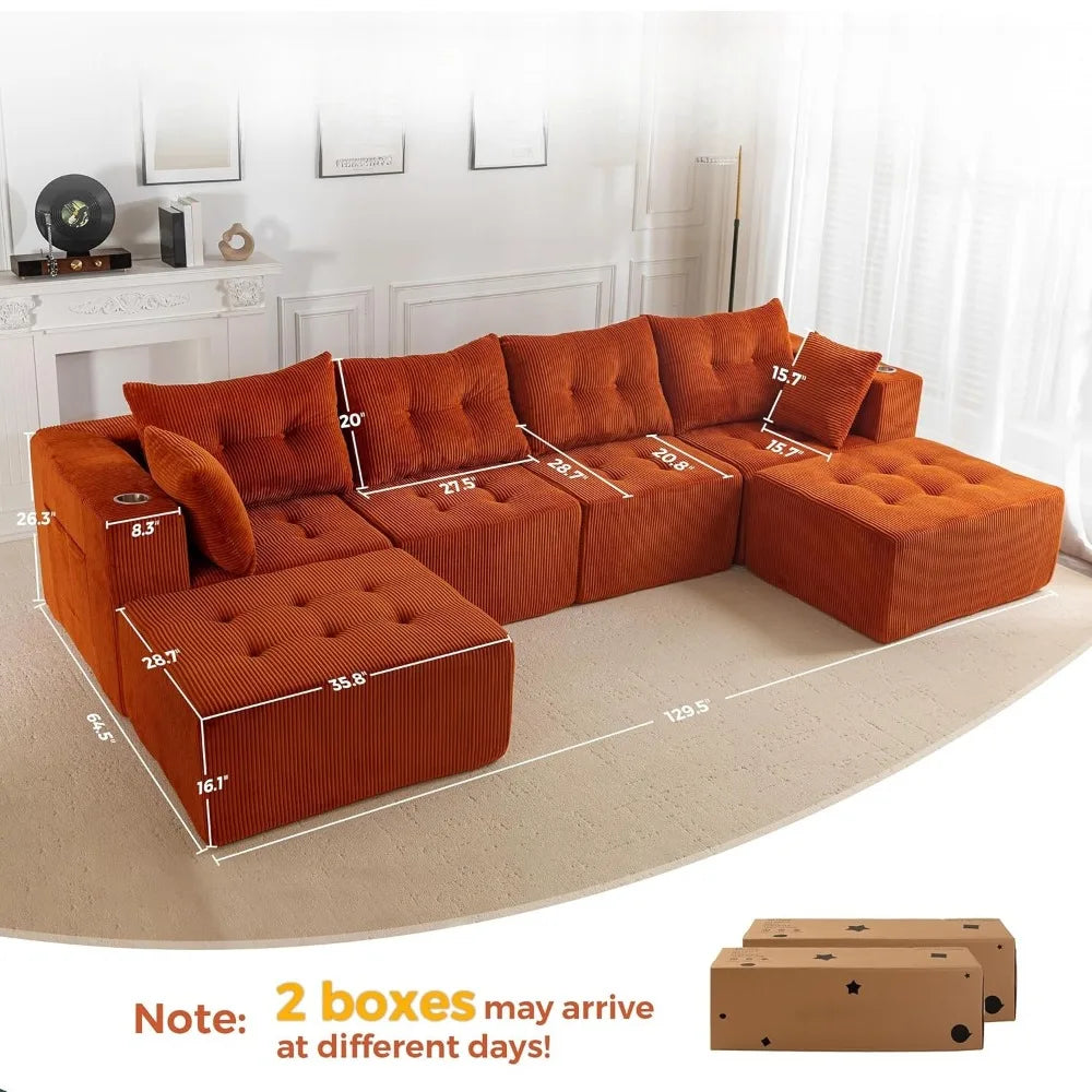 129.5" U Shaped Modular Sectional Sofa 2 Ottomans Tufted 6 Seat Cloud Sleeper Chair Living Room No Assembly, Custom