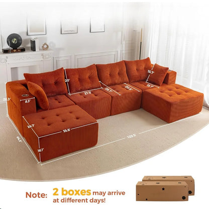 129.5" U Shaped Modular Sectional Sofa 2 Ottomans Tufted 6 Seat Cloud Sleeper Chair Living Room No Assembly, Custom