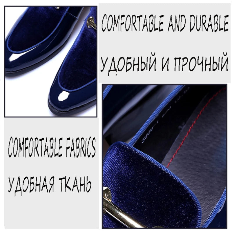 Mens Formal Navy Blue Velvet Patent Leather Loafers With Gold Horsebit Accent Flat Heel Comfortable Non Slip Breathable Business