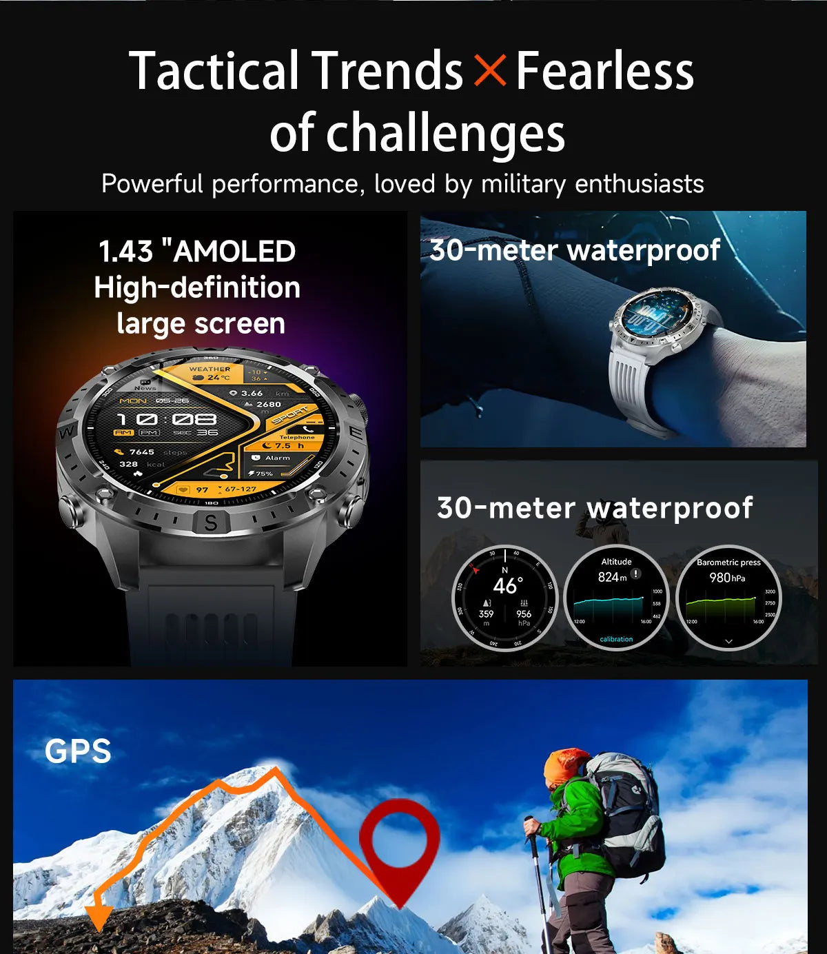 2026 Offline Map New Smart Watch 3ATM Waterproof GPS Navigation Compass Altimeter Flashlight Men 170+ Sports Bracelet Men Women