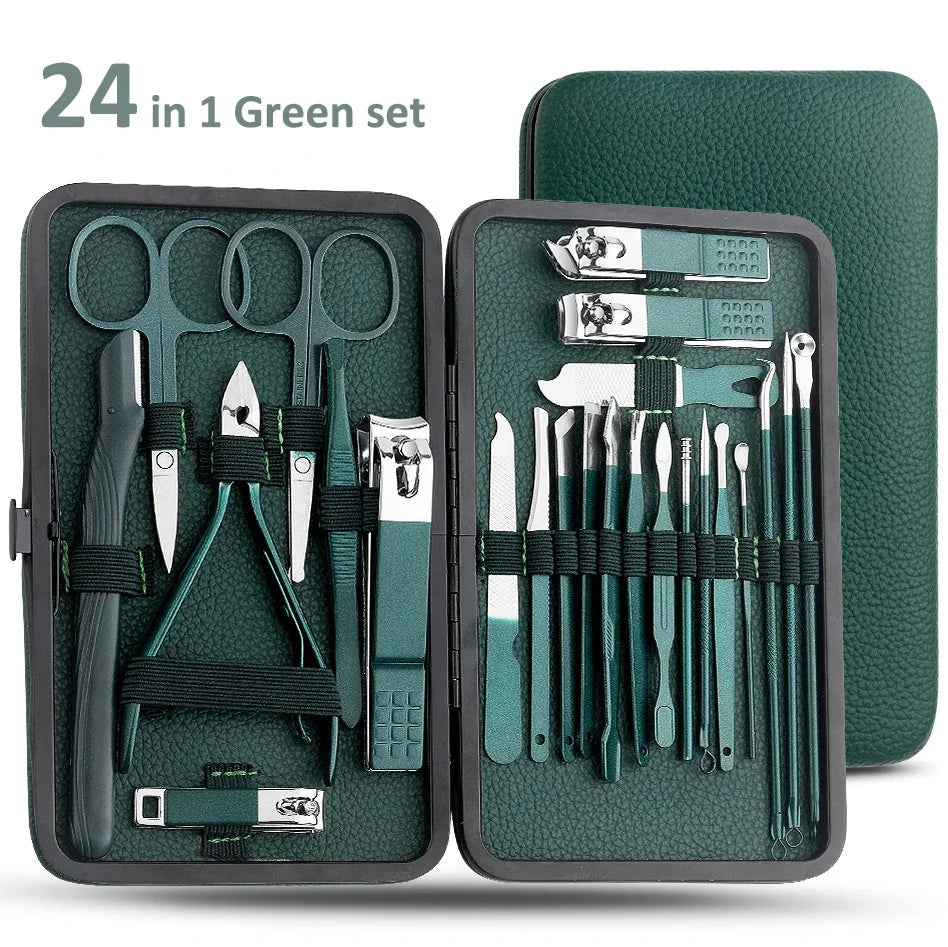 Nail clipper set, home nail clippers, dark green 7-24piece set, pedicure, exfoliation and nail care tools