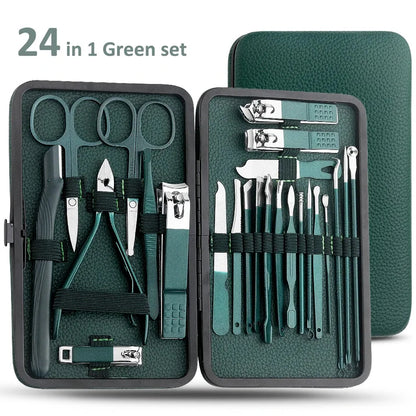 Nail clipper set, home nail clippers, dark green 7-24piece set, pedicure, exfoliation and nail care tools