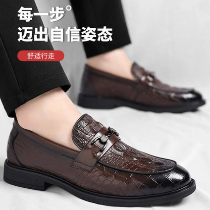 Mens Black Crocodile Embossed Leather Loafers With Metal Horsebit Buckle Thick Sole Formal Business Wedding Party Dress Shoes