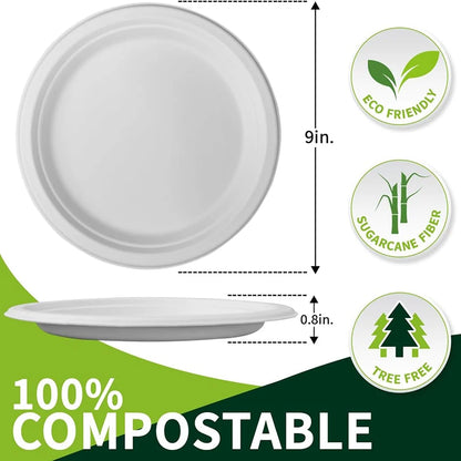 9-Inch Disposable Plates (50-Pack) - Food-Grade Sturdy Leak-Resistant for Picnics Outdoor Parties Indoor Home Gatherings