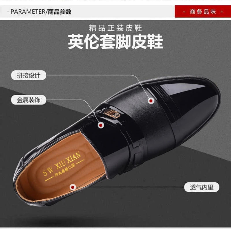 Mens Formal Two Tone Patent Leather Loafers Pointed Toe Slip On Shoes With Metal Buckle Low Heel Comfortable Non Slip Breathable