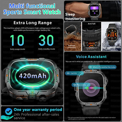 2025 New Military Grade Smart Watch Men 1.96" AMOLED Screen 5ATM Waterproof Simming Sports Fitness Tracker BT Call Smartwatches