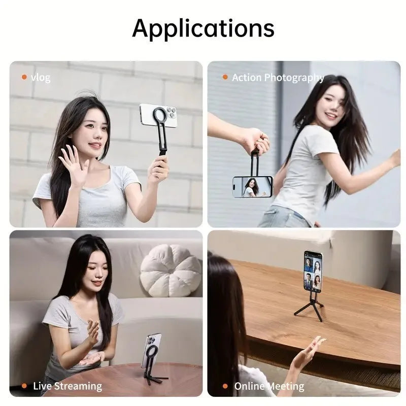Portable Foldable Phone Tripod Carabiner-Mounted for Magsafe Phone Dual-sided Magnetic Phone Bracket for Live Streaming Selfie