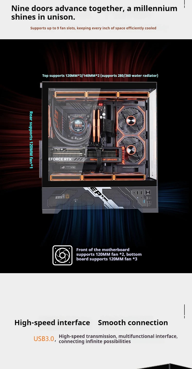 WJCOOLMAN Millennium ATX PC case secondary screen/digital display supports 360 water-cooled sea view room desktop computer case