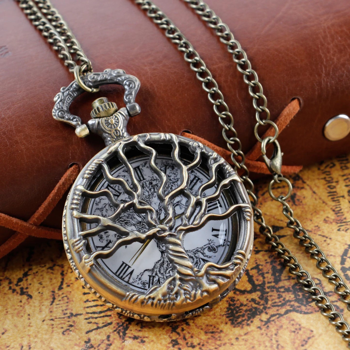 Steampunk Retro Bronze Hollow Tree of Life Quartz Pocket Watch With Fob Chain Women Watch Pendant Necklace Chain Men Gift CF1088