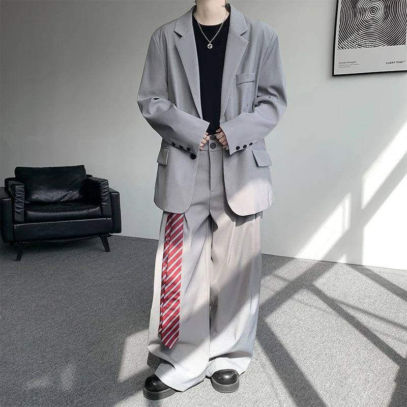 Casual suit set Men Loose fitting 2 piece suit Shoulder pads Trend Streetwear Korean 2025 NEW suit jacker+suit pants