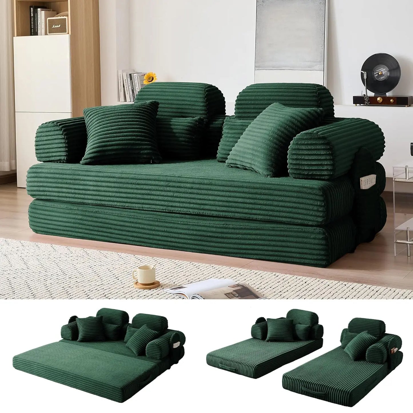78.8in Convertible Corduroy Sleeper Sofa Bed High Backrest 5-in-1 Side Pocket Living Room No Assembly Removable Washable, Custom