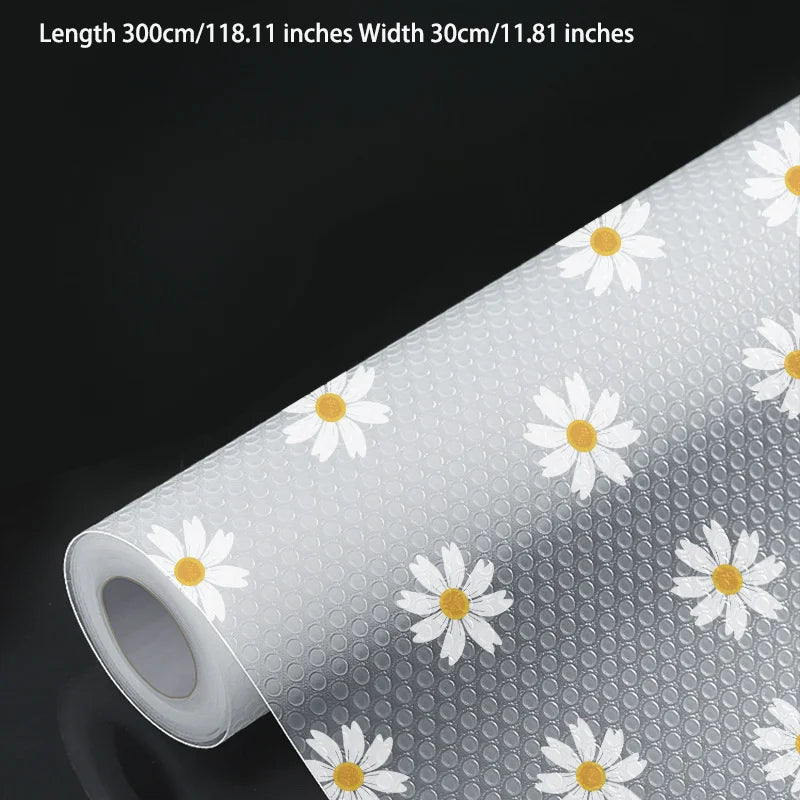 1 Roll 300cm/118inch Waterproof Non-Slip Plastic Shelf Liner Roll,Multipurpose Cabinet Drawer Mat Liner for Kitchen Daisy Design
