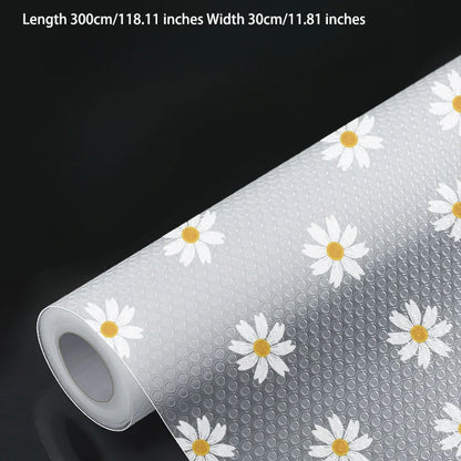 1 Roll 300cm/118inch Waterproof Non-Slip Plastic Shelf Liner Roll,Multipurpose Cabinet Drawer Mat Liner for Kitchen Daisy Design