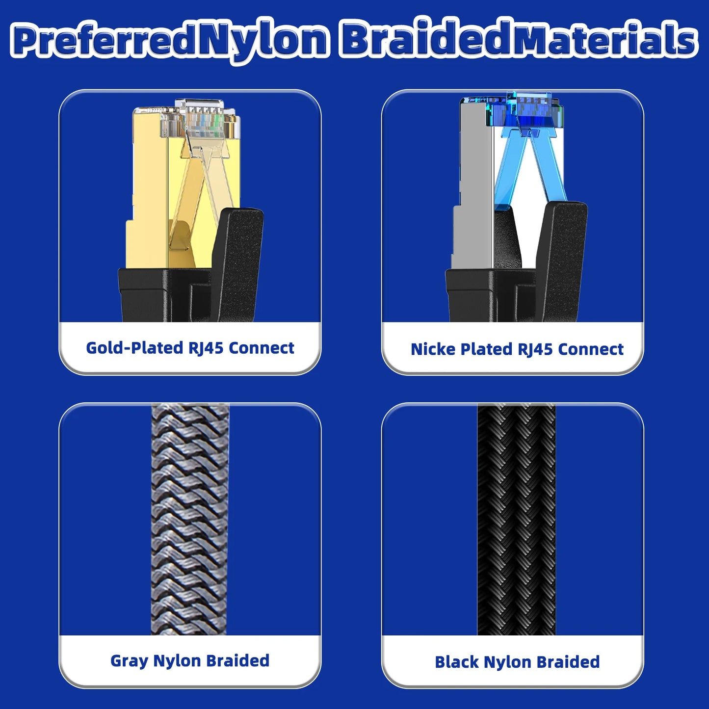 Cat 8 Ethernet Cable 40Gbps Nylon Braided Flat LAN RJ45 Cable 1M 2M 30M for Router Modem Laptop PC PS5 High Speed CAT8 Cable
