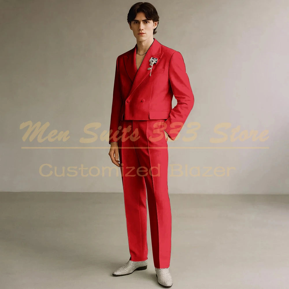 Cropped Men's Suits Formal Wedding Groomsmen 2 Piece Jacket Pants Sets Fashion Male Clothing High Quality Male Clothing Costume
