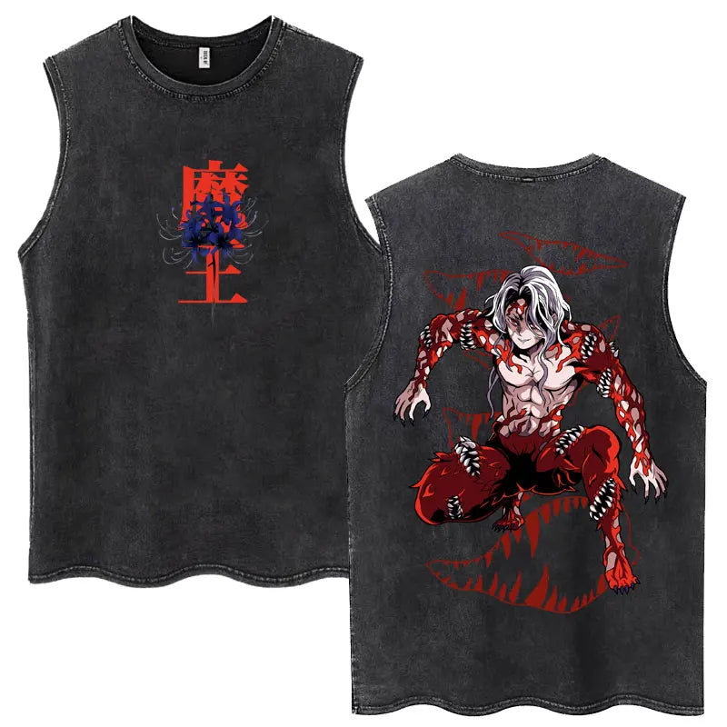 Washed Anime Demon Slayer Hashibira Inosuke Mask Face Tank Tops Men Women Vintage Fashion Cotton Sleeveless T Shirts Streetwear