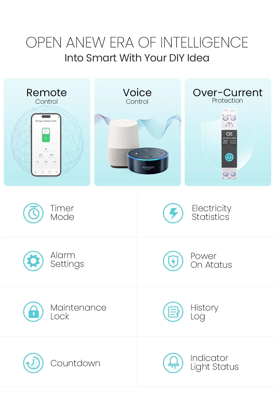 Tuya WiFi Circuit Breaker Smart 1P+N 63A  MCB Timer Power Energy kWh Voltage Current Meter Protector Voice Remote Control Switch