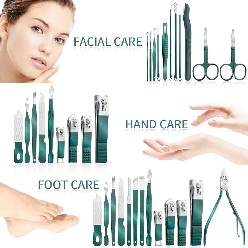 Nail clipper set, home nail clippers, dark green 7-24piece set, pedicure, exfoliation and nail care tools