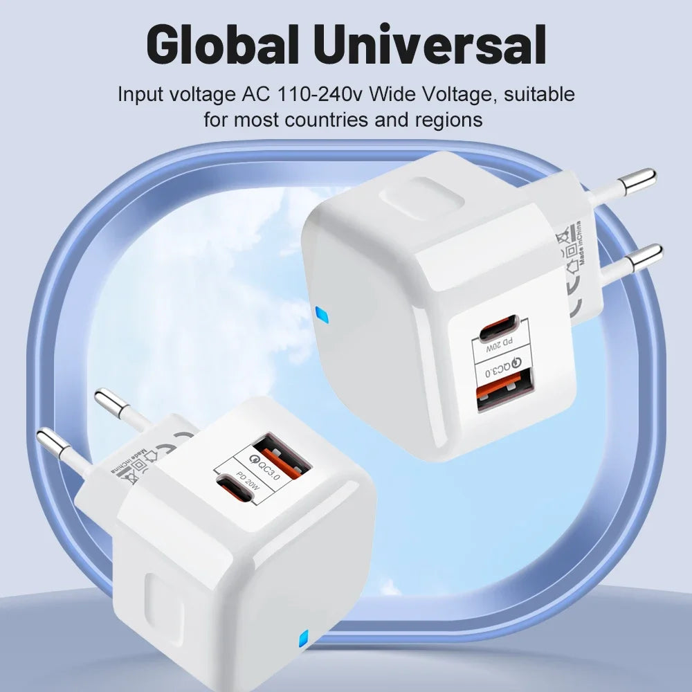 1Pcs 20W Dual Ports Wall Charger Type-C USB C PD Phone Fast Charger Super Quick Charging Power Adapters EU/US/UK Plug For iPhone