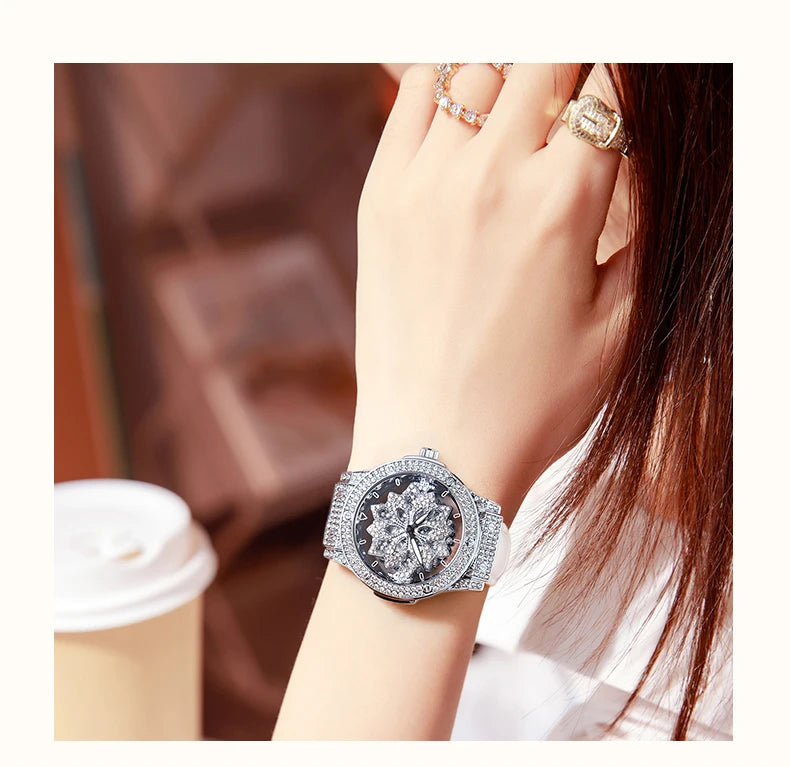 Popular women's watch with fashionable large dial, pentagram waterproof watch for girls, snowflake rotating hollow women's watch