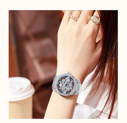 Popular women's watch with fashionable large dial, pentagram waterproof watch for girls, snowflake rotating hollow women's watch