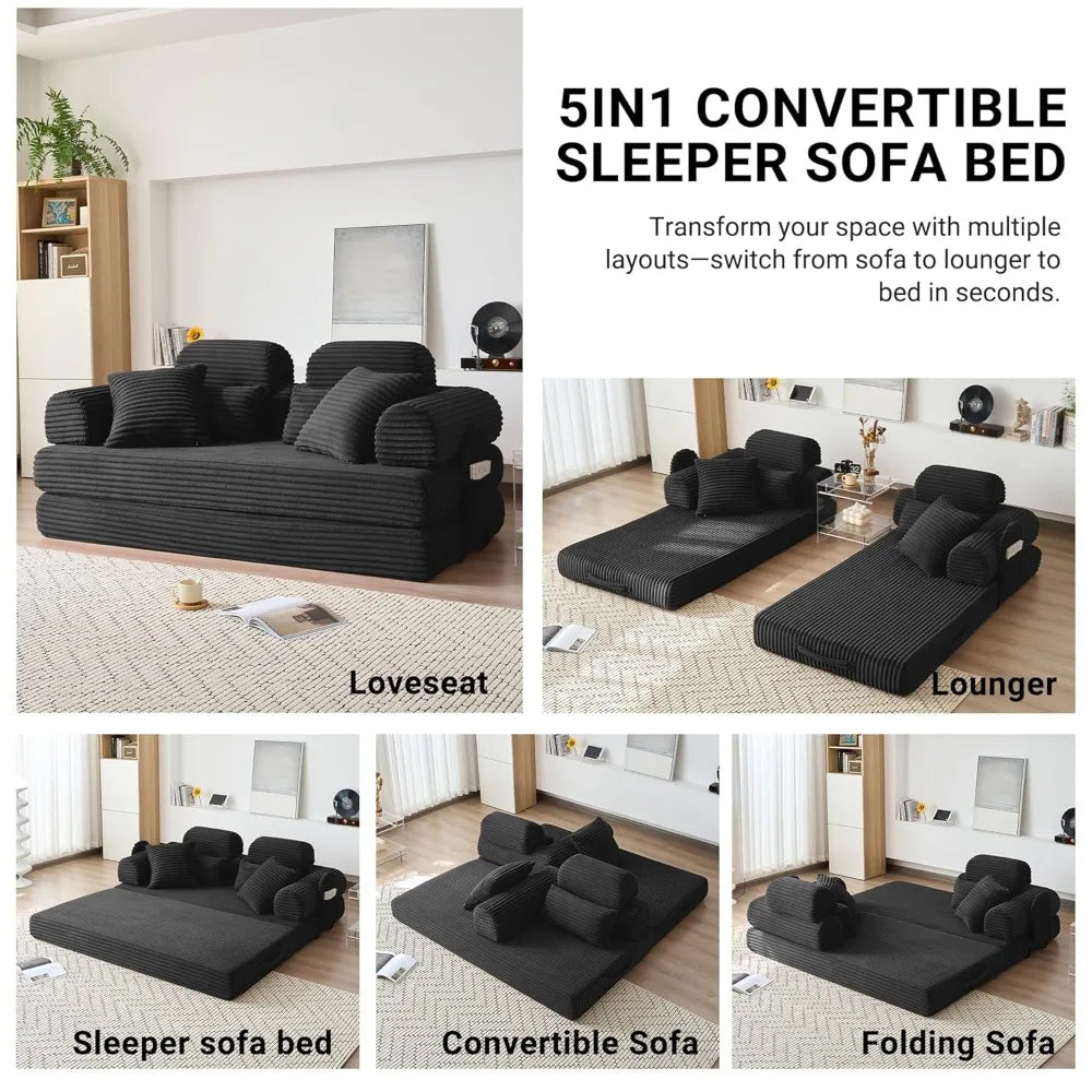 78.8in Convertible Corduroy Sleeper Sofa Bed High Backrest 5-in-1 Side Pocket Living Room No Assembly Removable Washable, Custom