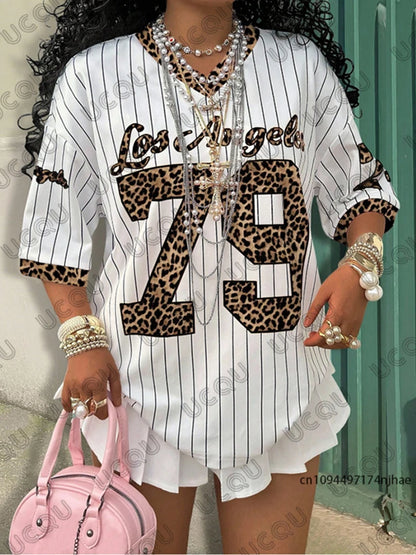 Summer New Los Angeles 79 Print Stripe T-shirt For Women V-Neck Short Sleeve Tees Sports Football Jersey Y2K Loose Oversized Top