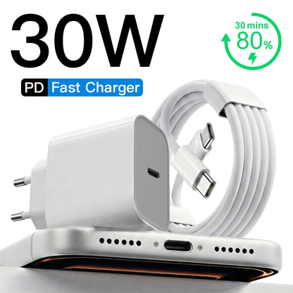 30W PD Fast Charger For iPhone 12 13 14 15 16 17 Pro Max Plus USB C To Lightning Quick Charging Cable Type C To C Power Adapter