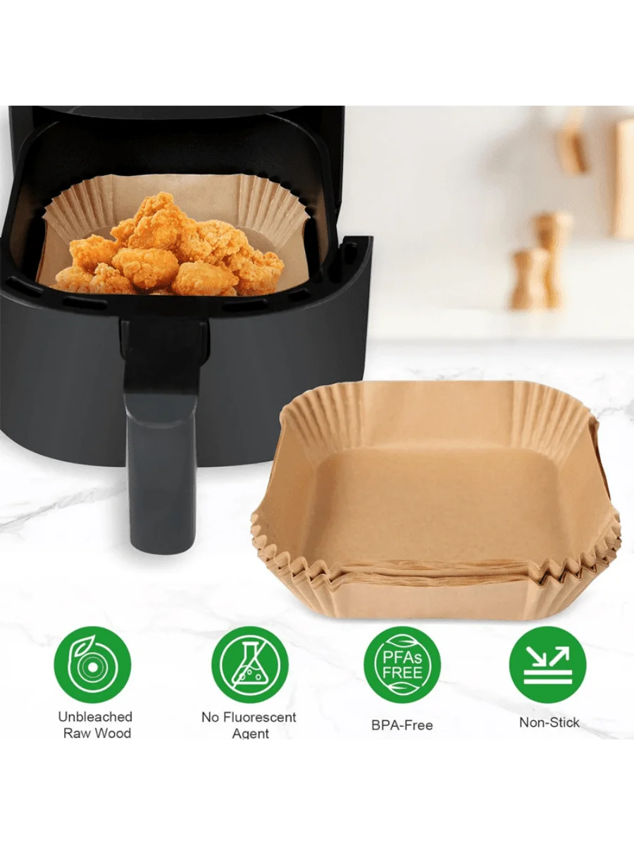 50 PCS Air Fryer Paper Liners, 9 Inch Disposable Parchment Sheets for Cooking Chicken, Fries with No Mess
