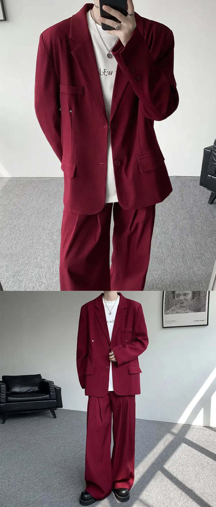 Casual suit set Men Loose fitting 2 piece suit Shoulder pads Trend Streetwear Korean 2025 NEW suit jacker+suit pants
