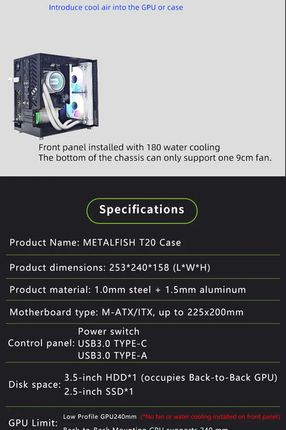 METALFISH T20 Mini ITX White Case 9L Compact PC Chassis Support Flex PSU/240mm GPU/100mm Cooler/180 Liquid Cooler